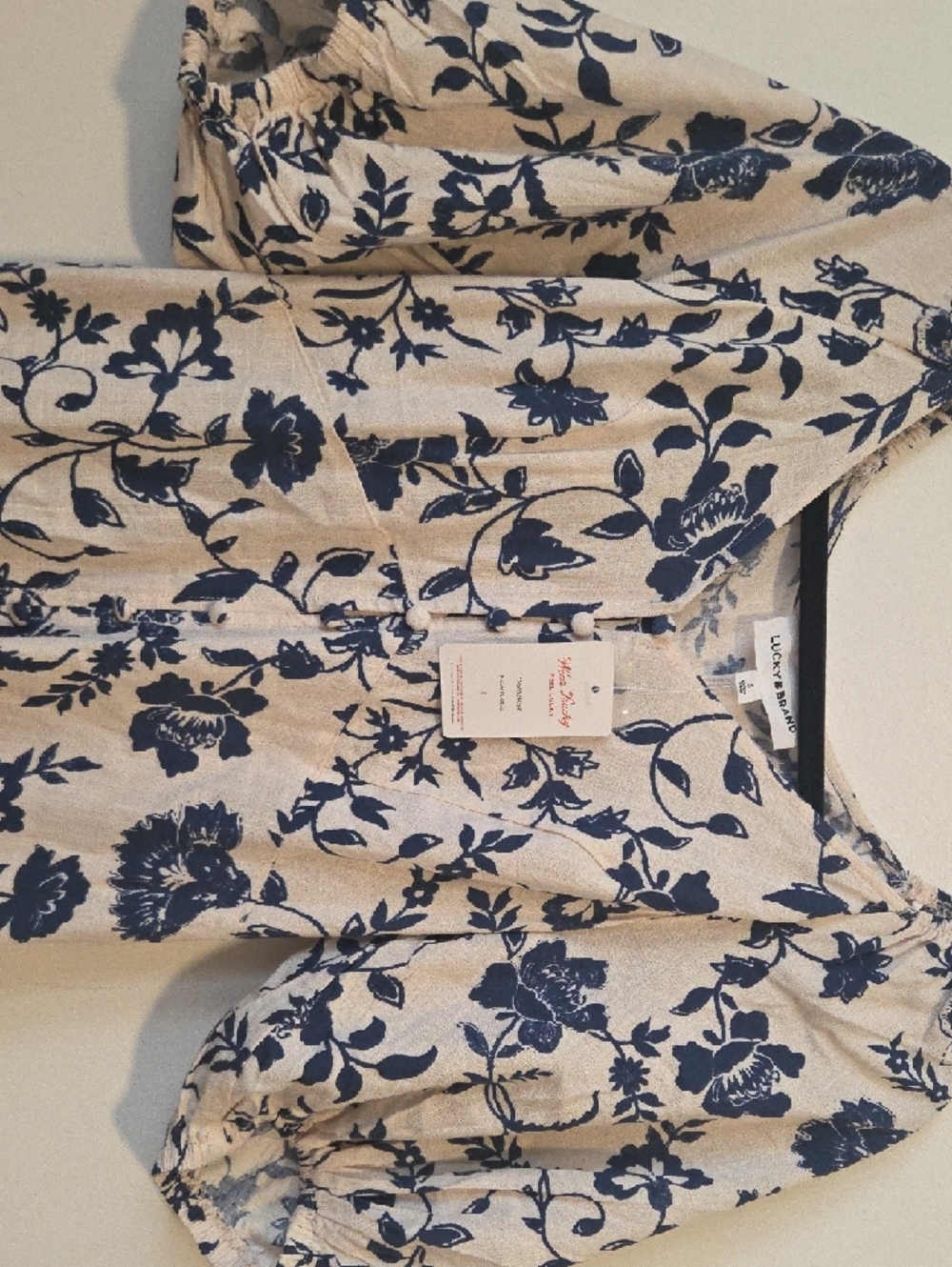 Lucky Brand Cream Maxi Dress with Navy Floral Print and Puff Sleeves - Picture 3 of 5